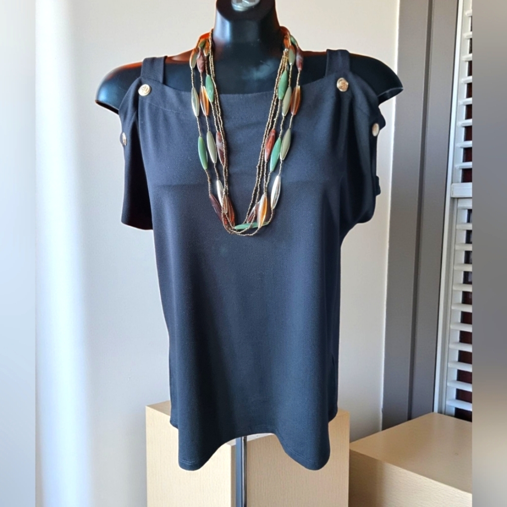 Cable & Gauge Elegant Black Women's Cold Shoulder Top With Gold Buttons